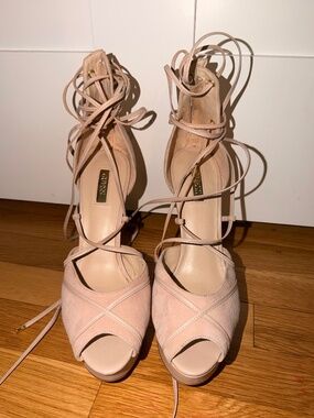 Women's Guess Raja suede Lace-Up Peep Toe Heels in Nude